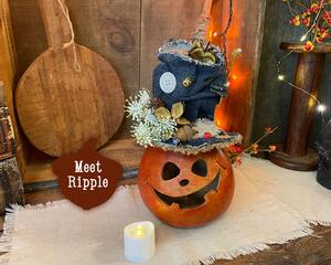 A handcrafted gourd character. It has a carved face and a custome jean hat. It's name is Ripple. A battery-operated candle is included